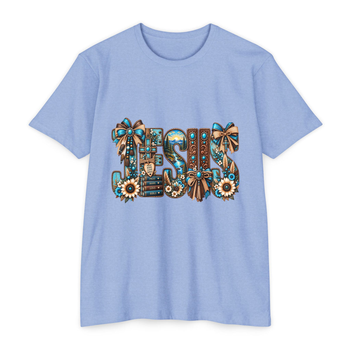 Jesus Floral Graphic T-Shirt — Decorative Faith Tee with Bows & Sunflowers