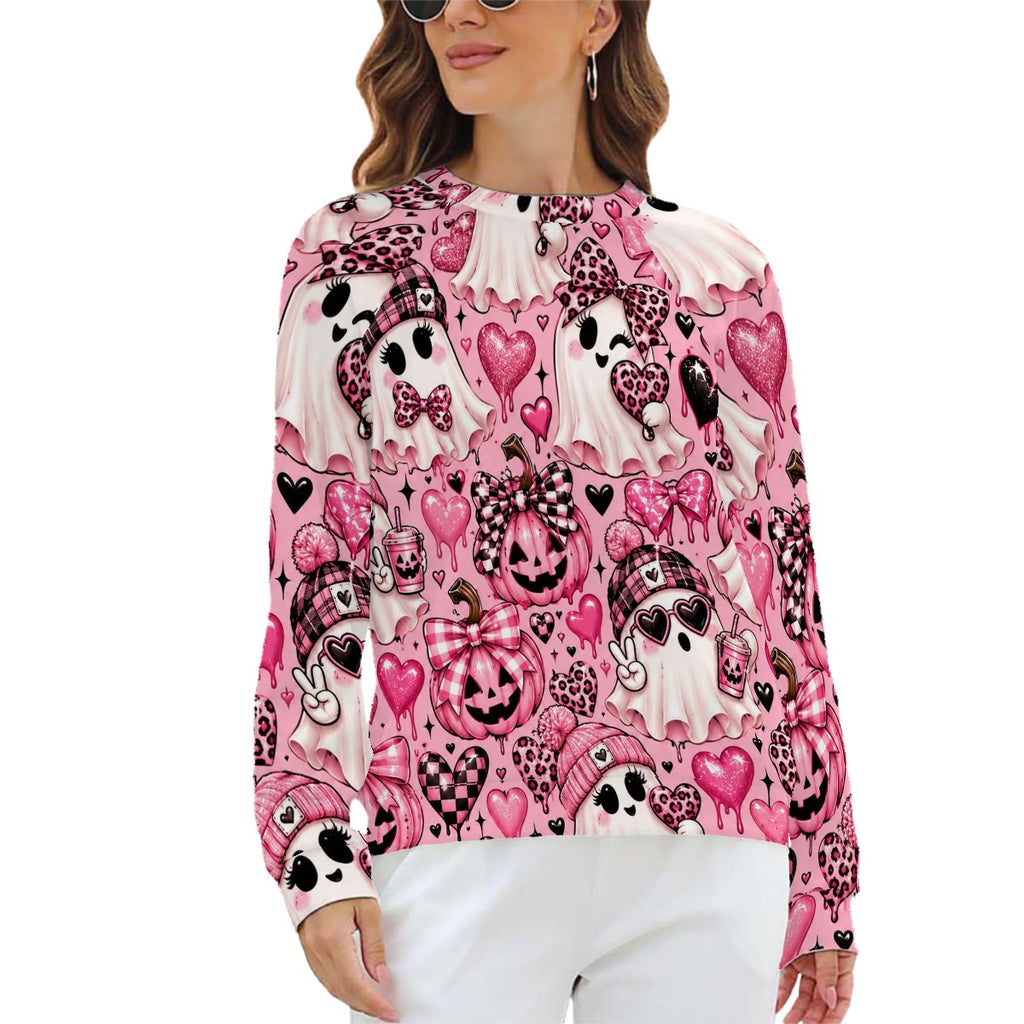 Raglan Crewneck Sweatshirts Women Kawaii Pink Ghosts Halloween Pattern (2)