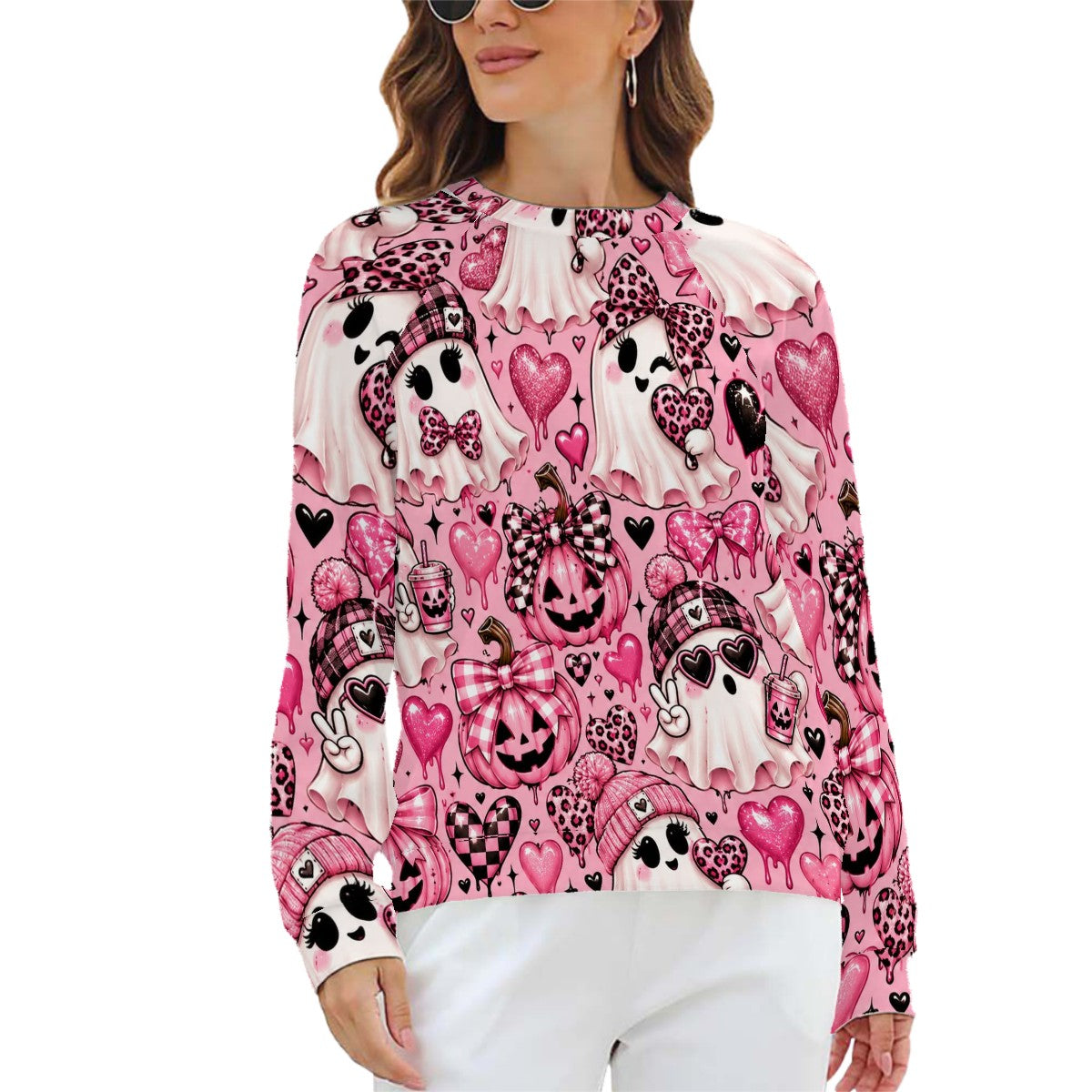 Raglan Crewneck Sweatshirts Women Kawaii Pink Ghosts Halloween Pattern (2)