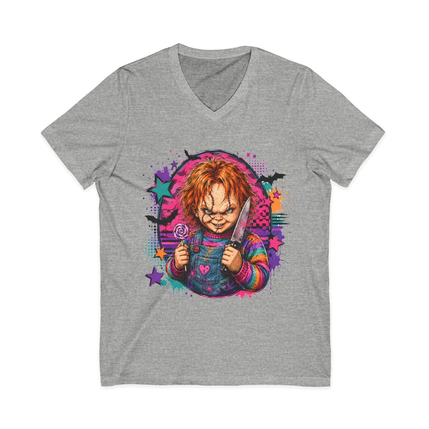Horror Doll V-Neck Tee — Colorful Creepy Chucky Graphic Shirt
