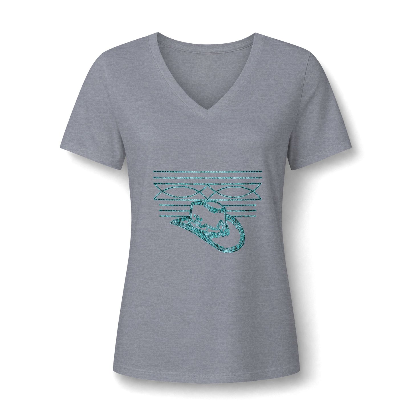 Women’s V‑Neck Tee — Teal Distressed Cowboy Hat Graphic