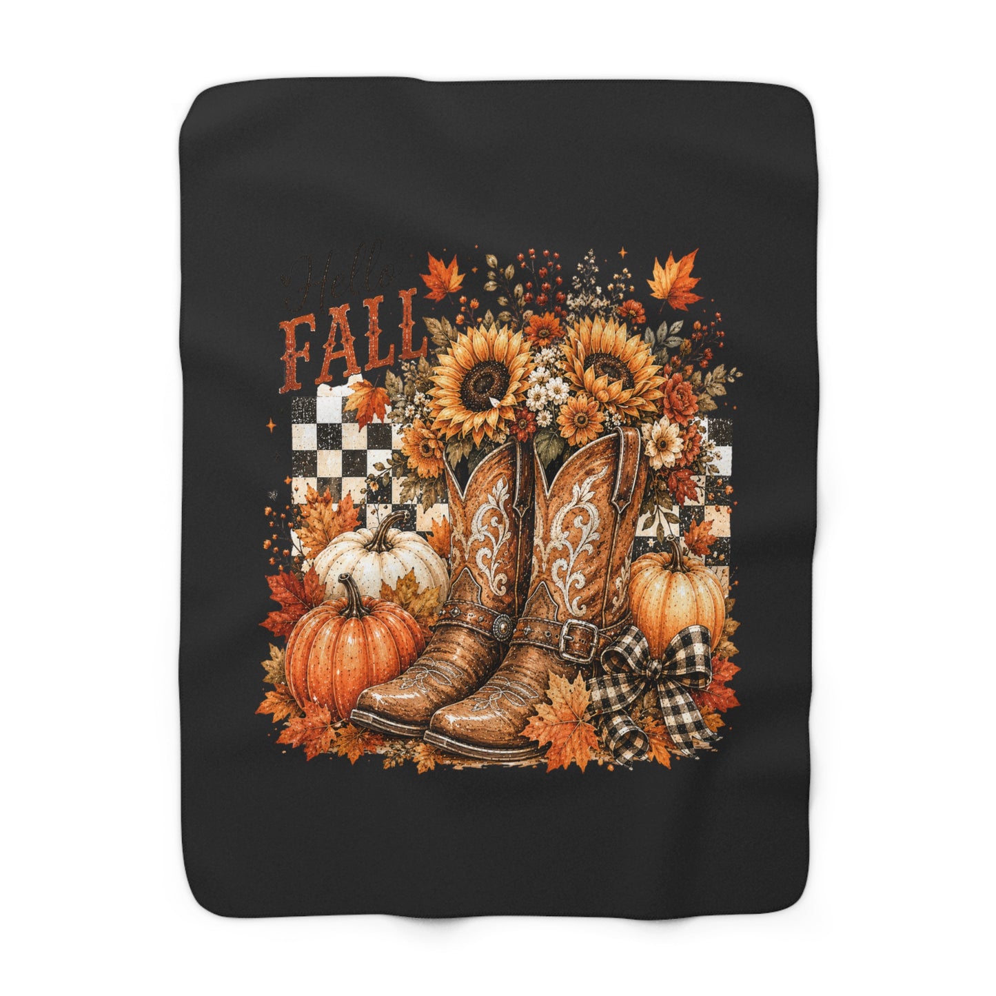 Fall Cowboy Boots Sherpa Blanket — Sunflowers, Pumpkins & Plaid Autumn Decor