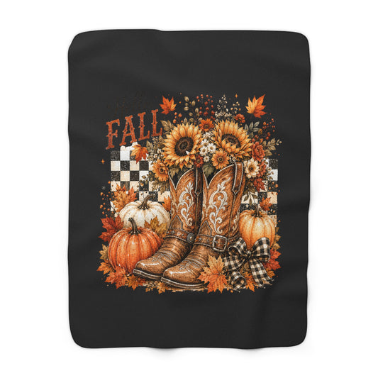 Fall Cowboy Boots Sherpa Blanket — Sunflowers, Pumpkins & Plaid Autumn Decor