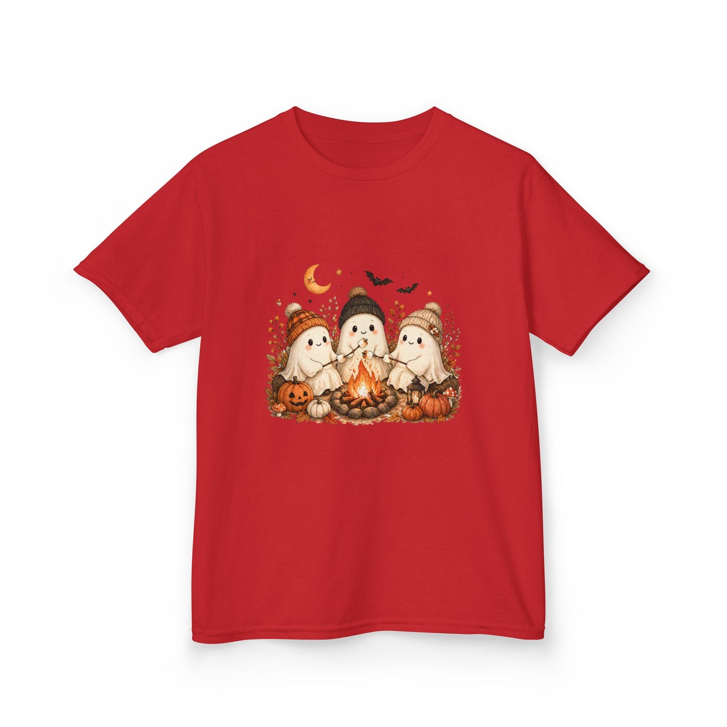 Kids Tee — Cute Halloween Ghosts Campfire Design (Pumpkins, Moon & Bats)
