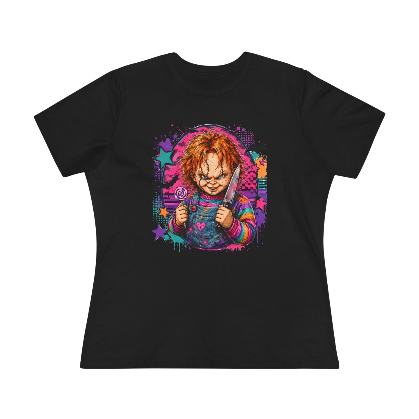 Chucky Horror Graphic Tee — Retro Neon Killer Doll Shirt for Women