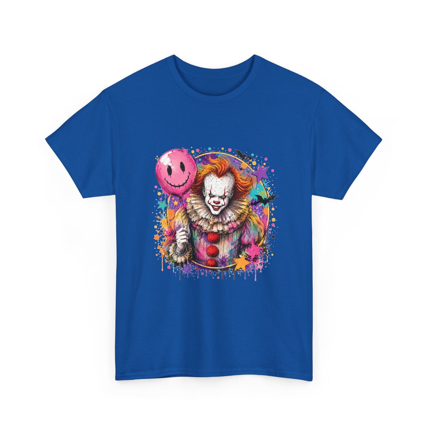 Clown Horror Graphic Tee — Colorful Scary Clown with Pink Balloon