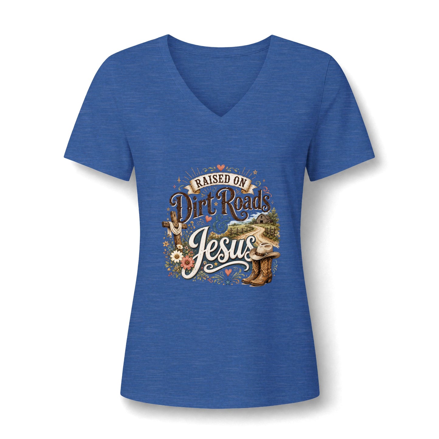 V-Neck Tee — "Raised on Dirt Roads & Jesus" Graphic Women’s Shirt