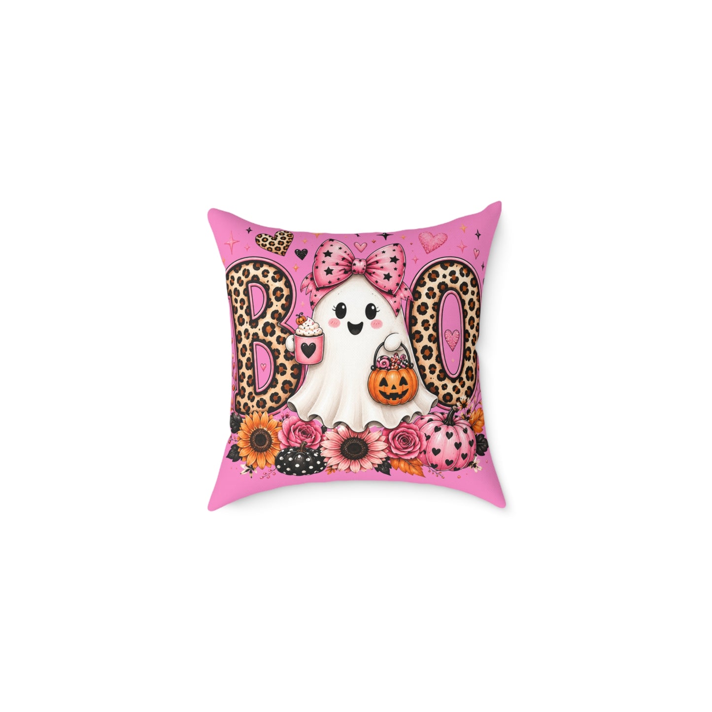 Boo Pink Ghost Pillow — Cute Leopard Halloween Decorative Throw Pillow