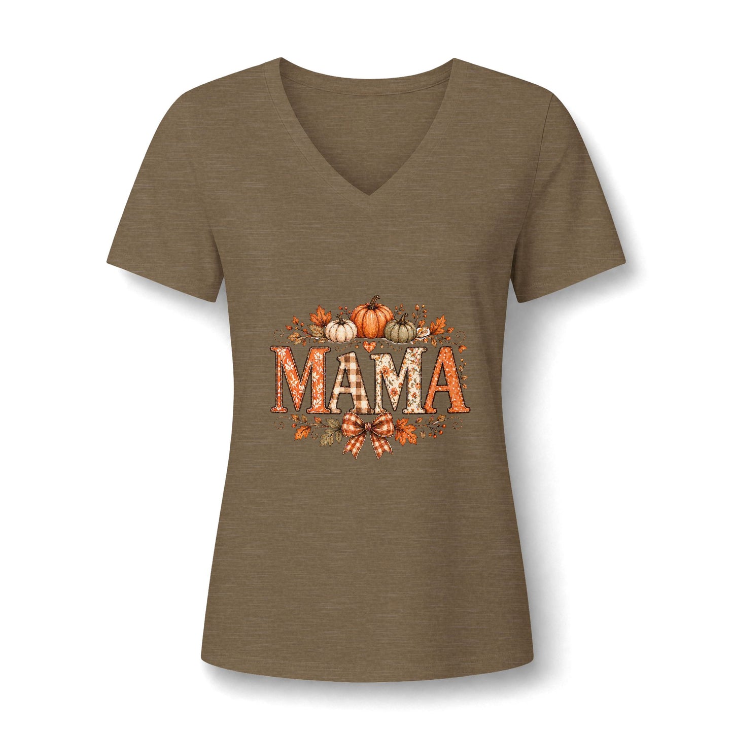 Mama Fall V-Neck Tee — Pumpkin & Autumn Leaves Graphic