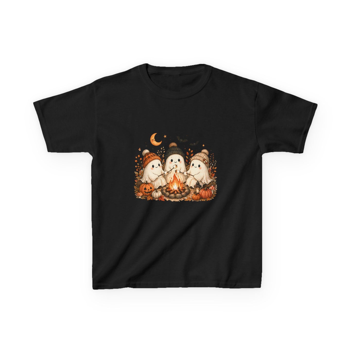 Kids Tee — Cute Halloween Ghosts Campfire Design (Pumpkins, Moon & Bats)