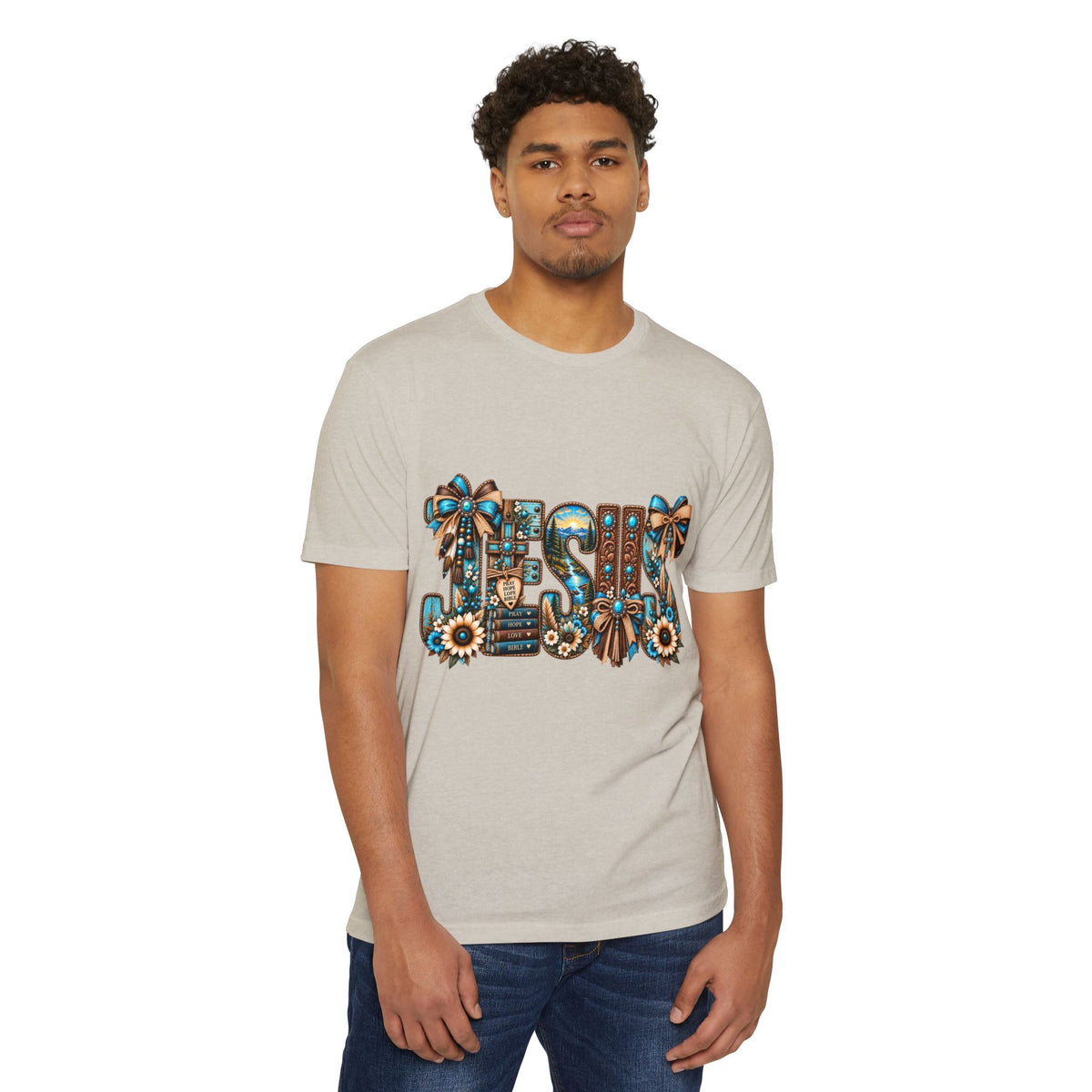 Jesus Floral Graphic T-Shirt — Decorative Faith Tee with Bows & Sunflowers