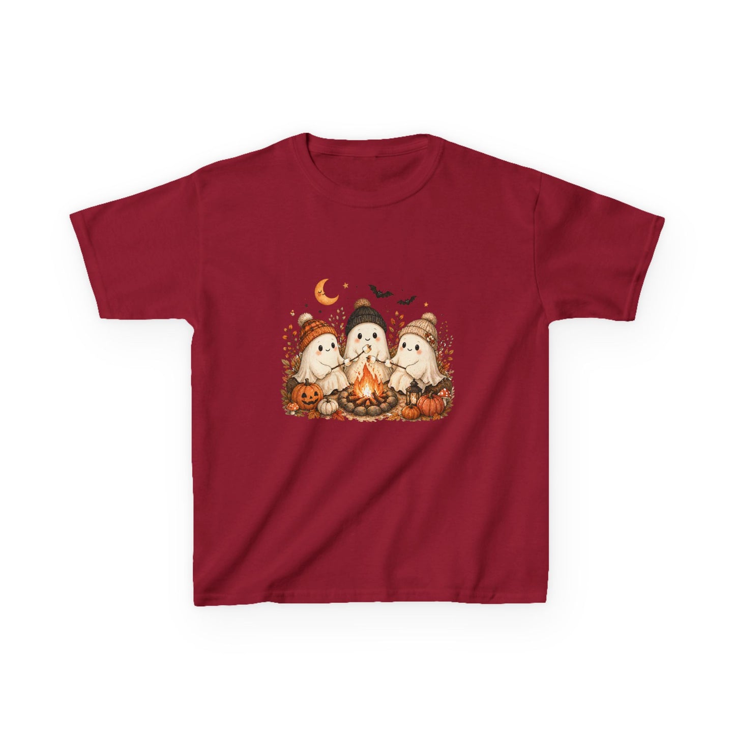 Kids Tee — Cute Halloween Ghosts Campfire Design (Pumpkins, Moon & Bats)