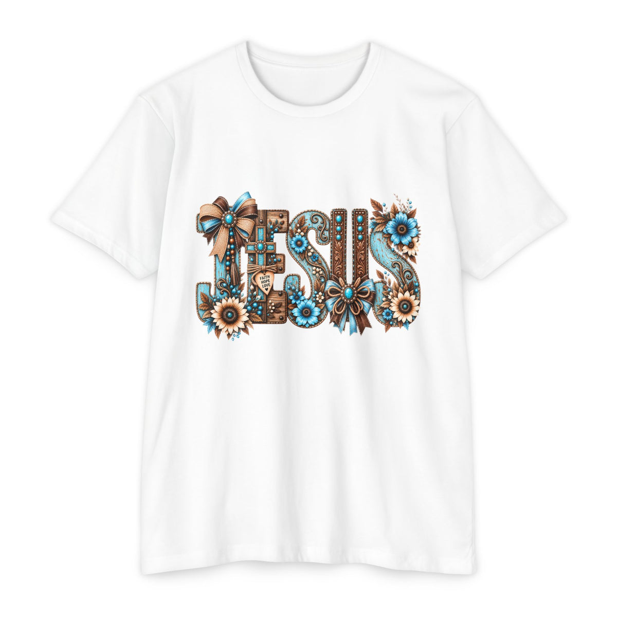 Jesus Floral Typography T-Shirt — Rustic Blue & Brown Christian Tee