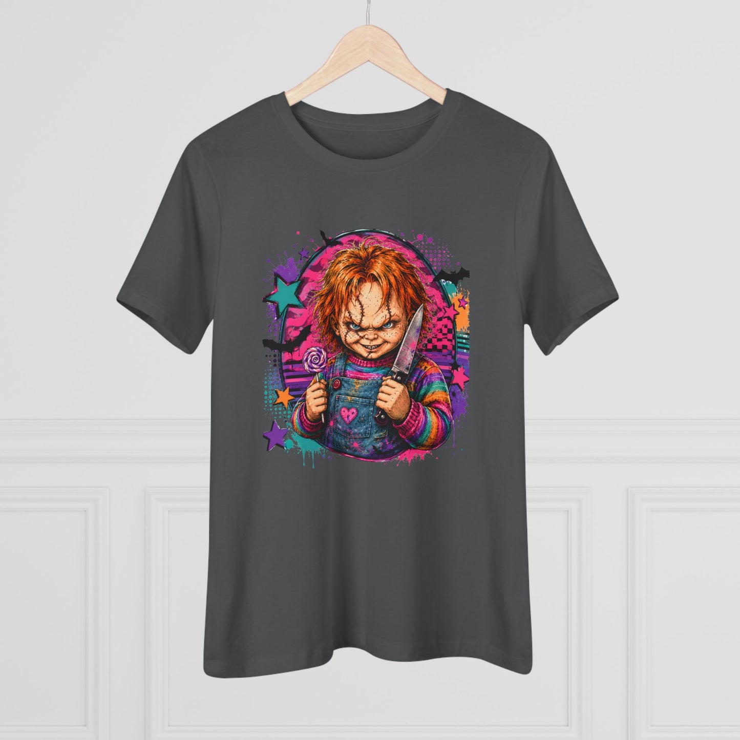 Chucky Horror Graphic Tee — Retro Neon Killer Doll Shirt for Women