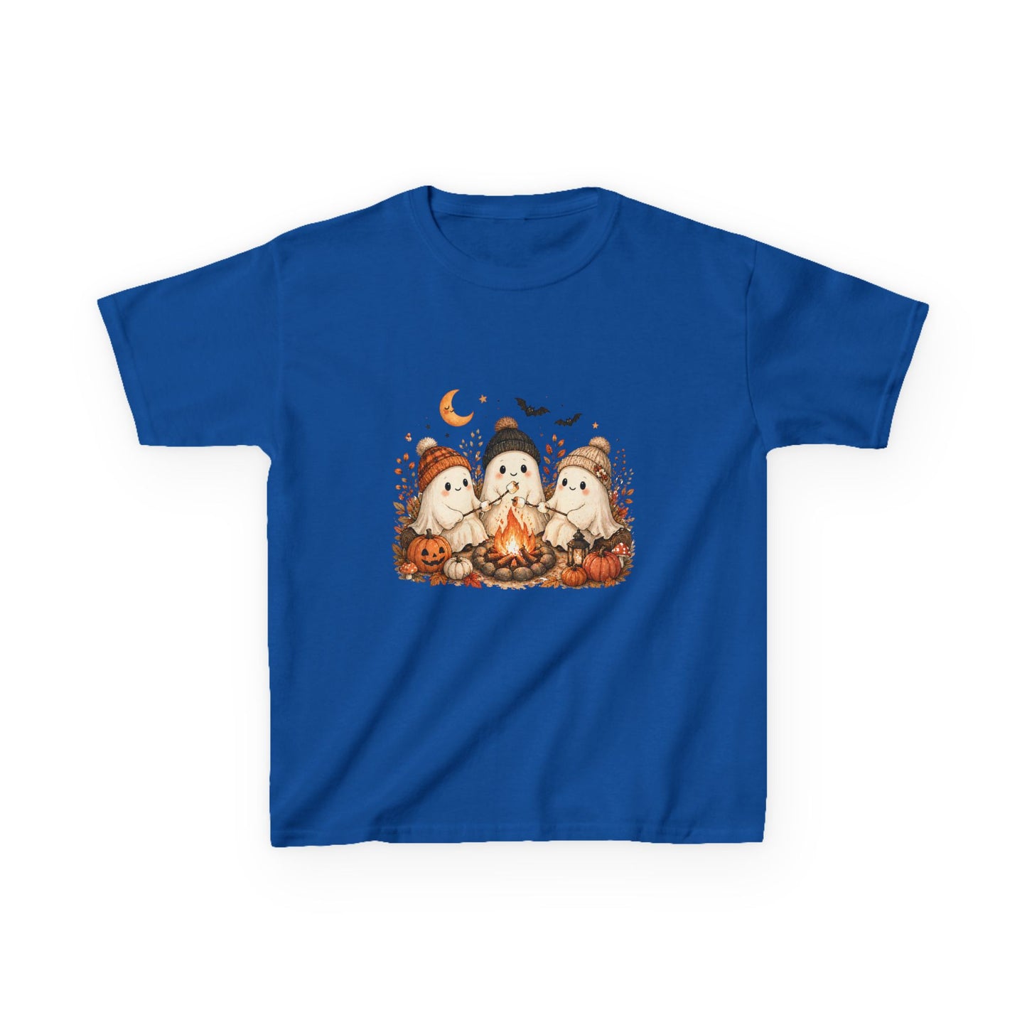 Kids Tee — Cute Halloween Ghosts Campfire Design (Pumpkins, Moon & Bats)