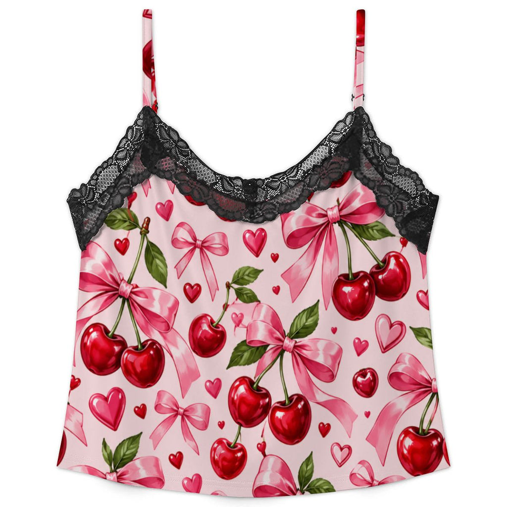 Women Cami Lace Pajama Set Glossy Cherry and Bow Pattern