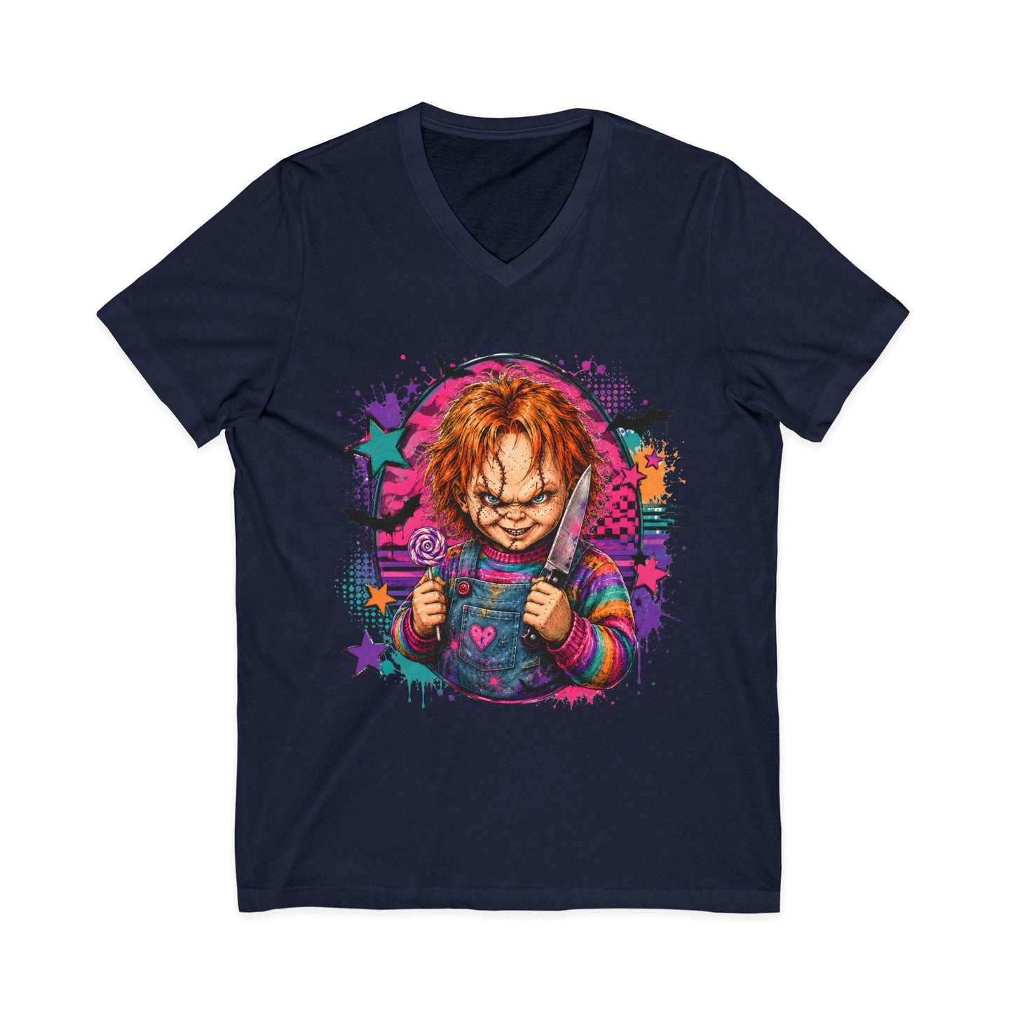Horror Doll V-Neck Tee — Colorful Creepy Chucky Graphic Shirt