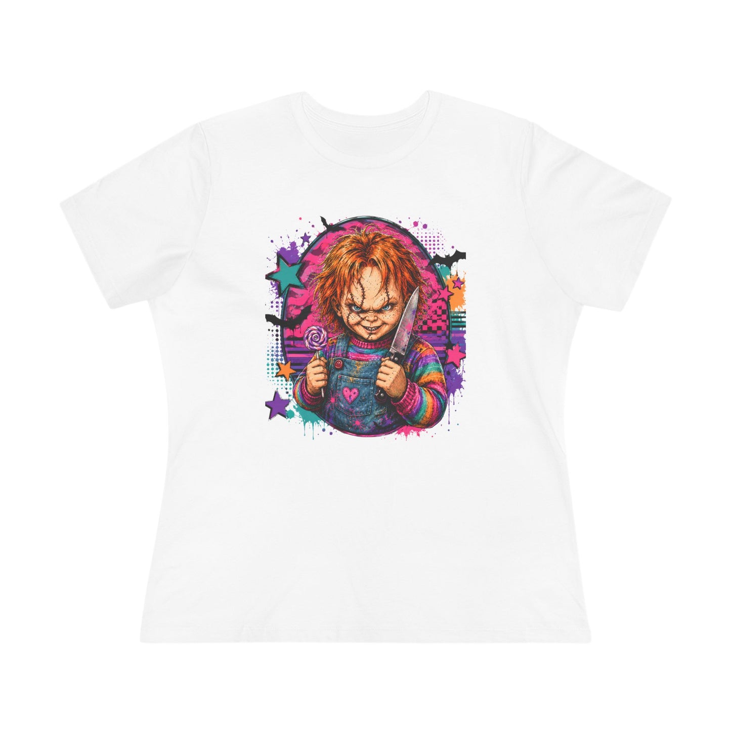 Chucky Horror Graphic Tee — Retro Neon Killer Doll Shirt for Women