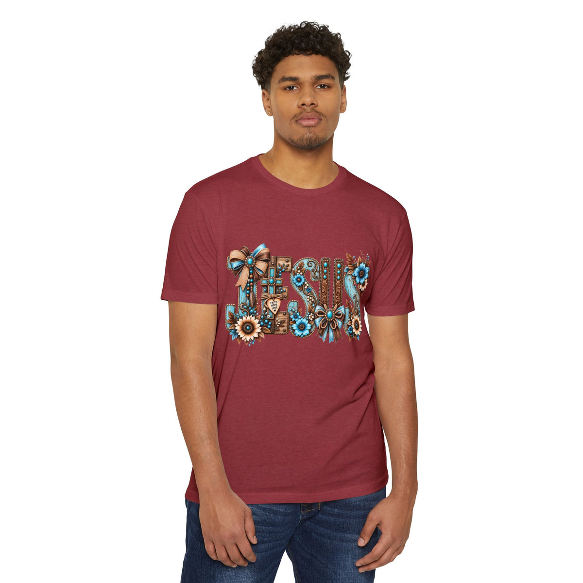 Jesus Floral Typography T-Shirt — Rustic Blue & Brown Christian Tee