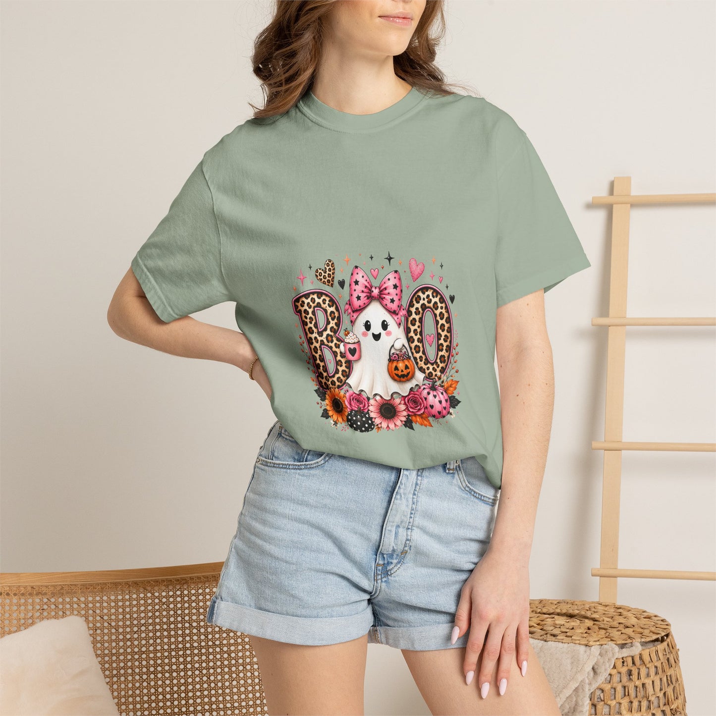 Boo Floral Ghost T-Shirt — Cute Pink Leopard Halloween Tee