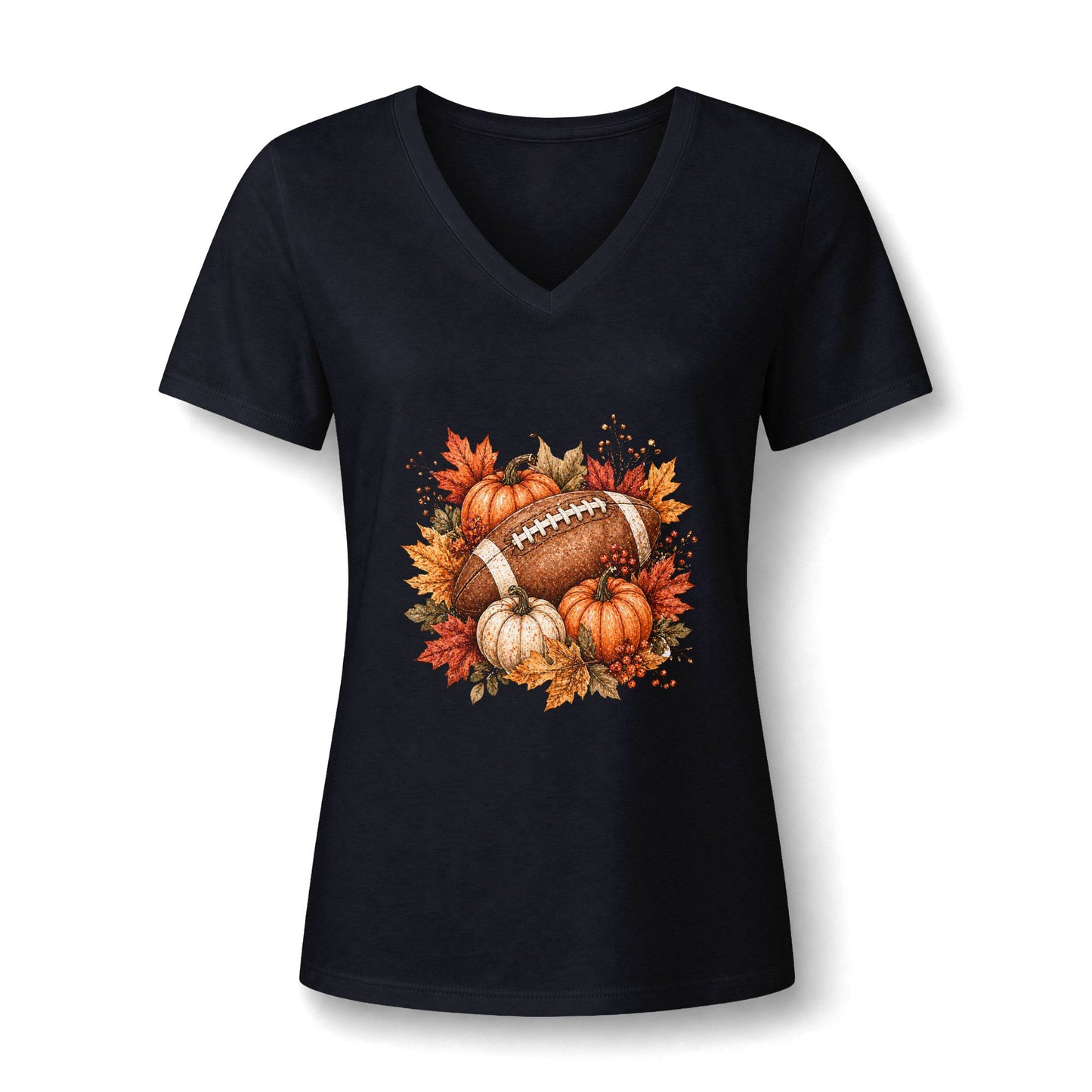 Women's V-Neck Tee — Fall Football Pumpkin Design