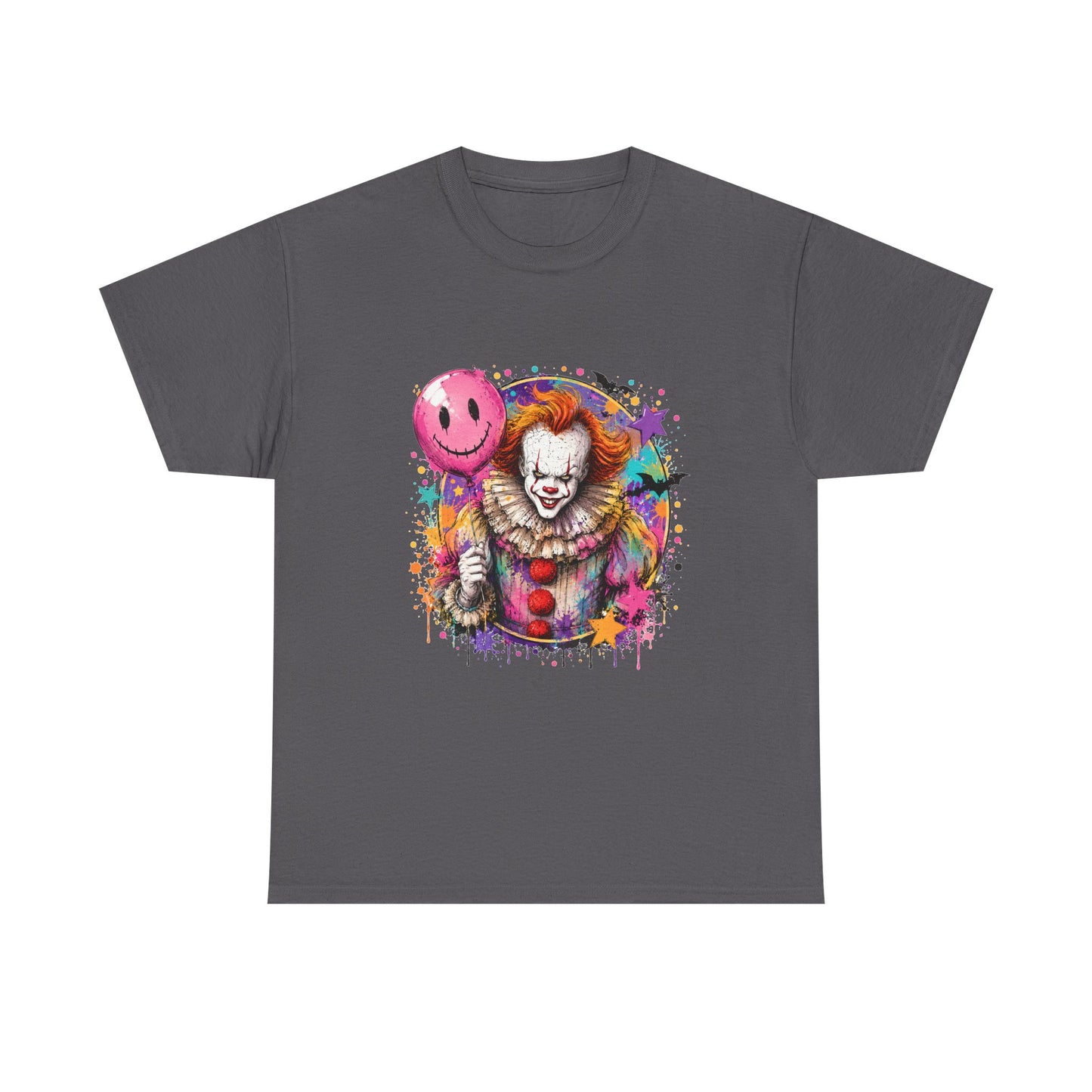 Clown Horror Graphic Tee — Colorful Scary Clown with Pink Balloon