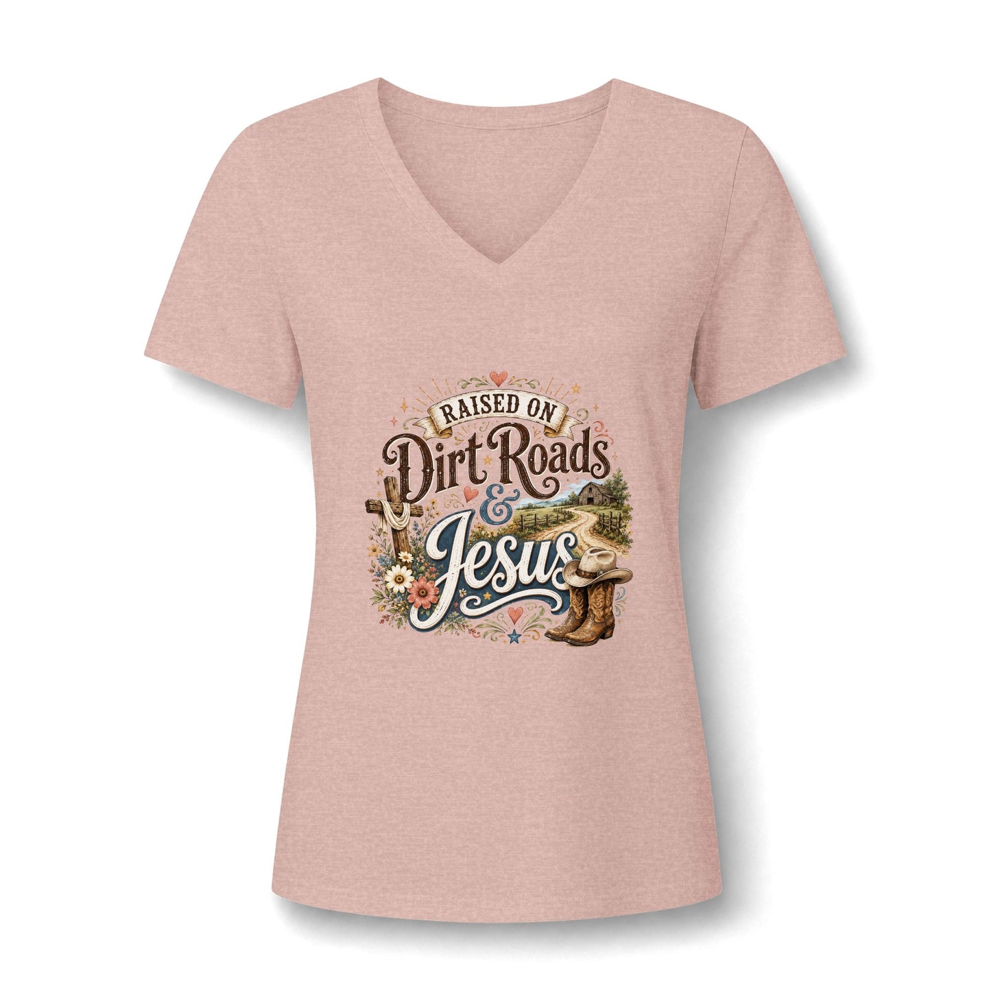 V-Neck Tee — "Raised on Dirt Roads & Jesus" Graphic Women’s Shirt