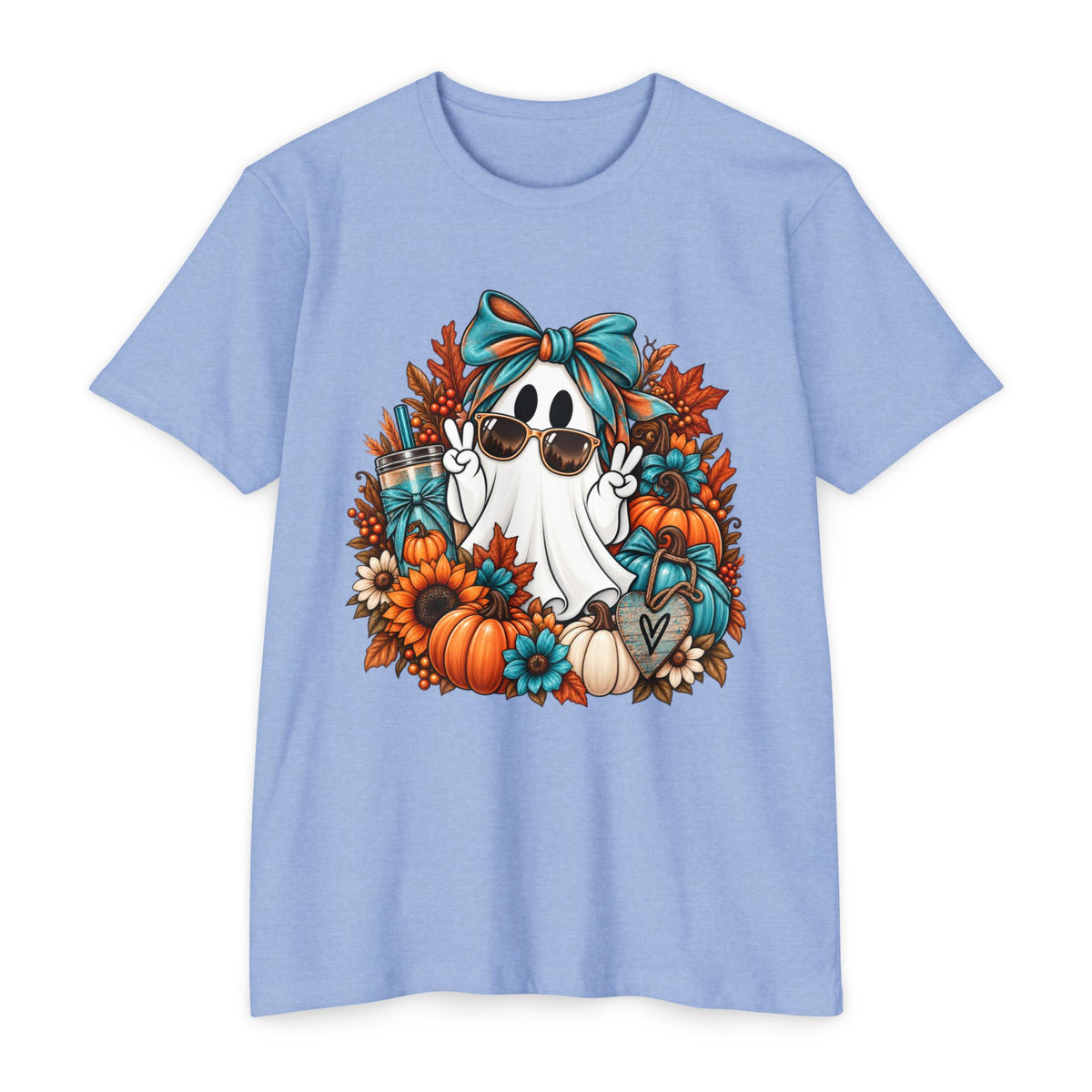 Cute Fall Ghost T-Shirt — Halloween Pumpkin & Floral Graphic Tee
