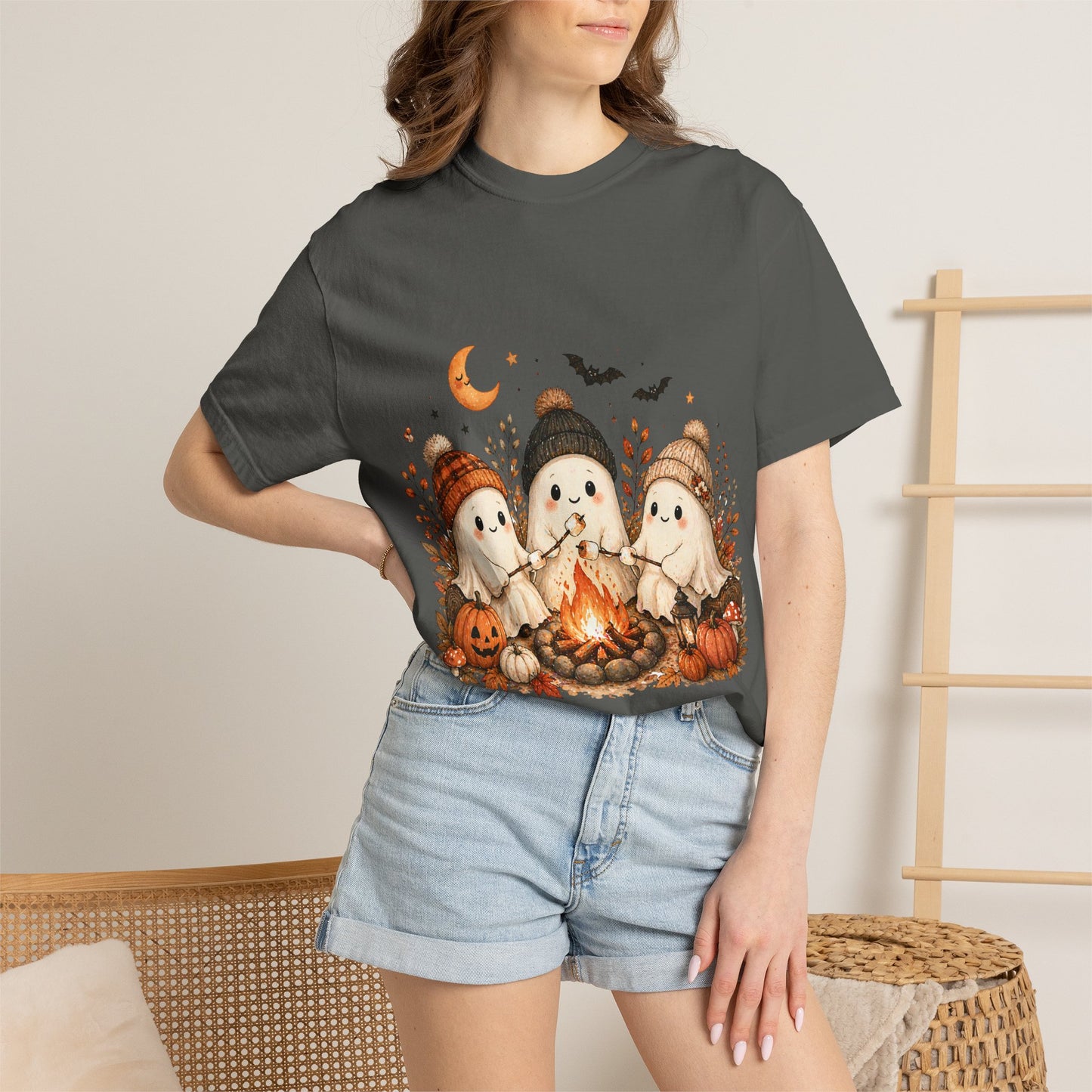 Halloween Ghost Trio Campfire T-Shirt — Cute Spooky Pumpkin Tee