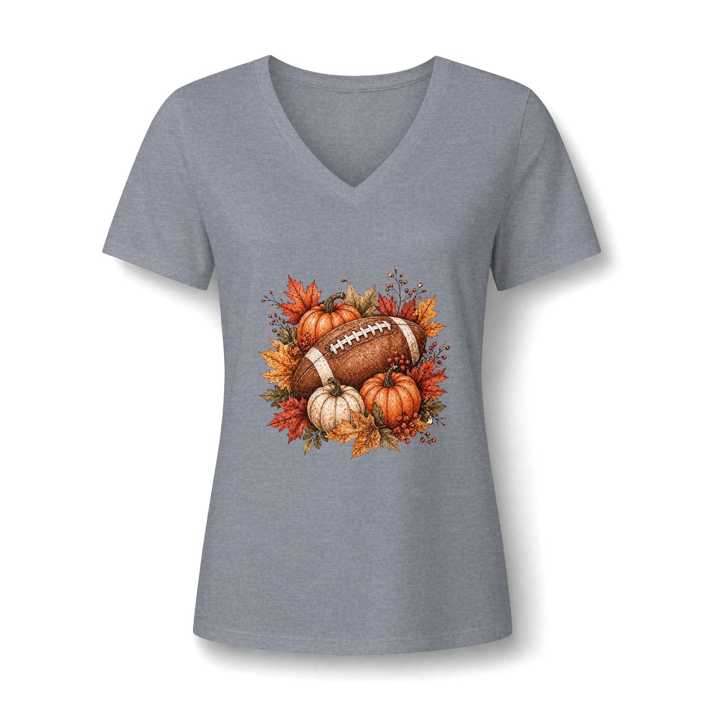 Women's V-Neck Tee — Fall Football Pumpkin Design