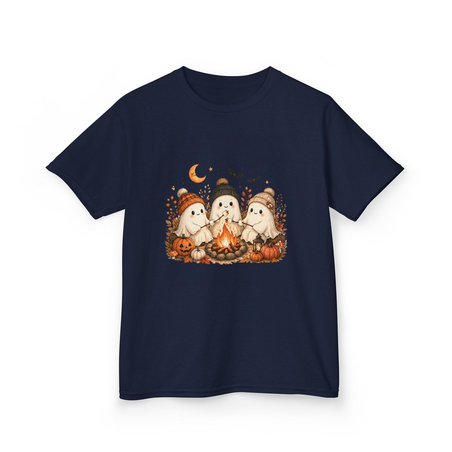 Kids Tee — Cute Halloween Ghosts Campfire Design (Pumpkins, Moon & Bats)