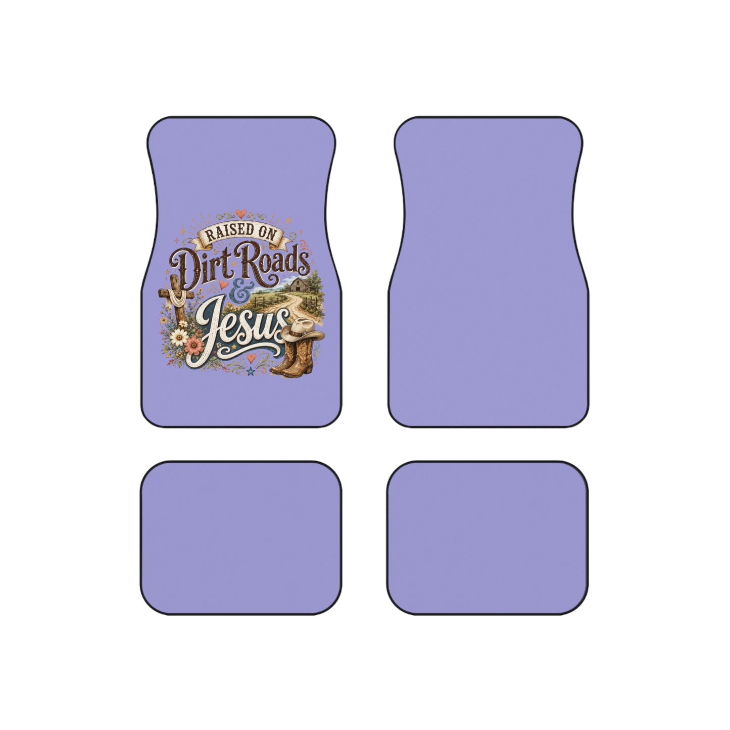 Raised on Dirt Roads & Jesus Car Floor Mats (Set of 4) — Lavender Christian Truck/Crossover Interior Accessory