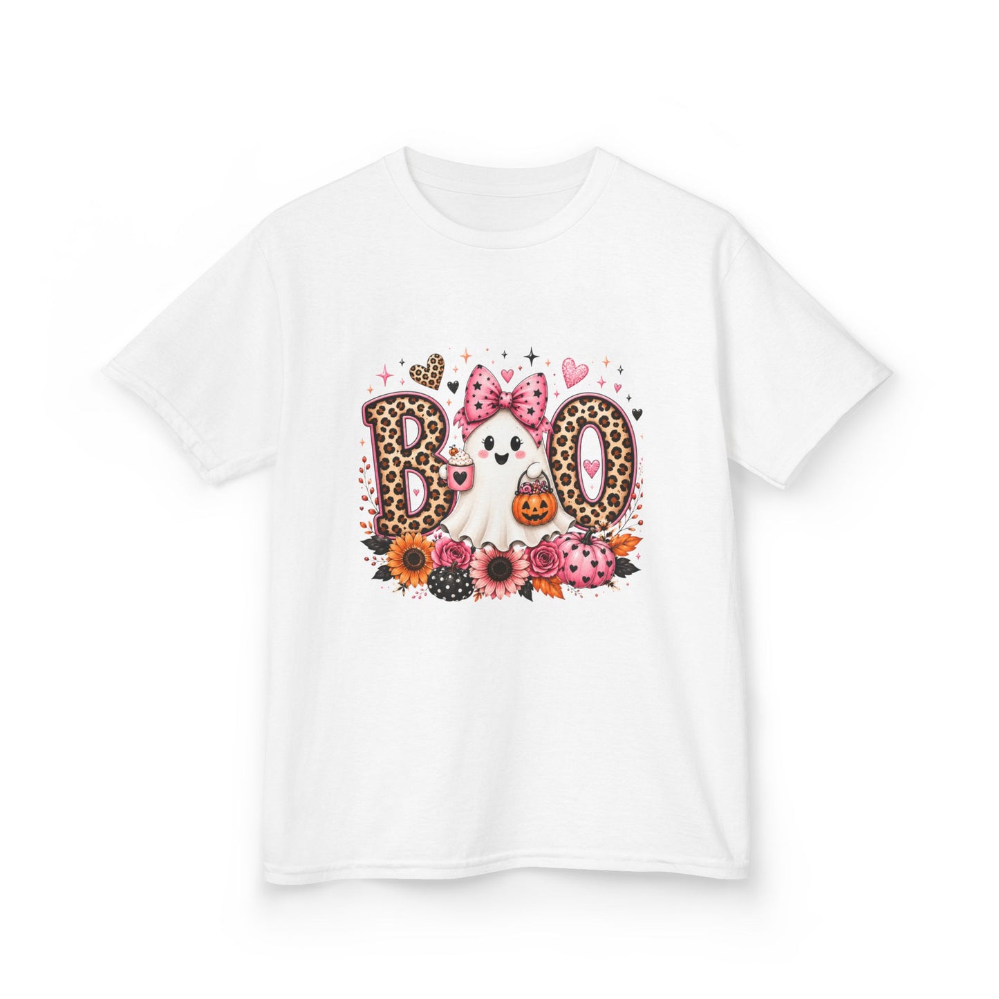 Kids' Halloween 'Boo' Ghost Tee — Cute Leopard Print & Floral Costume Shirt