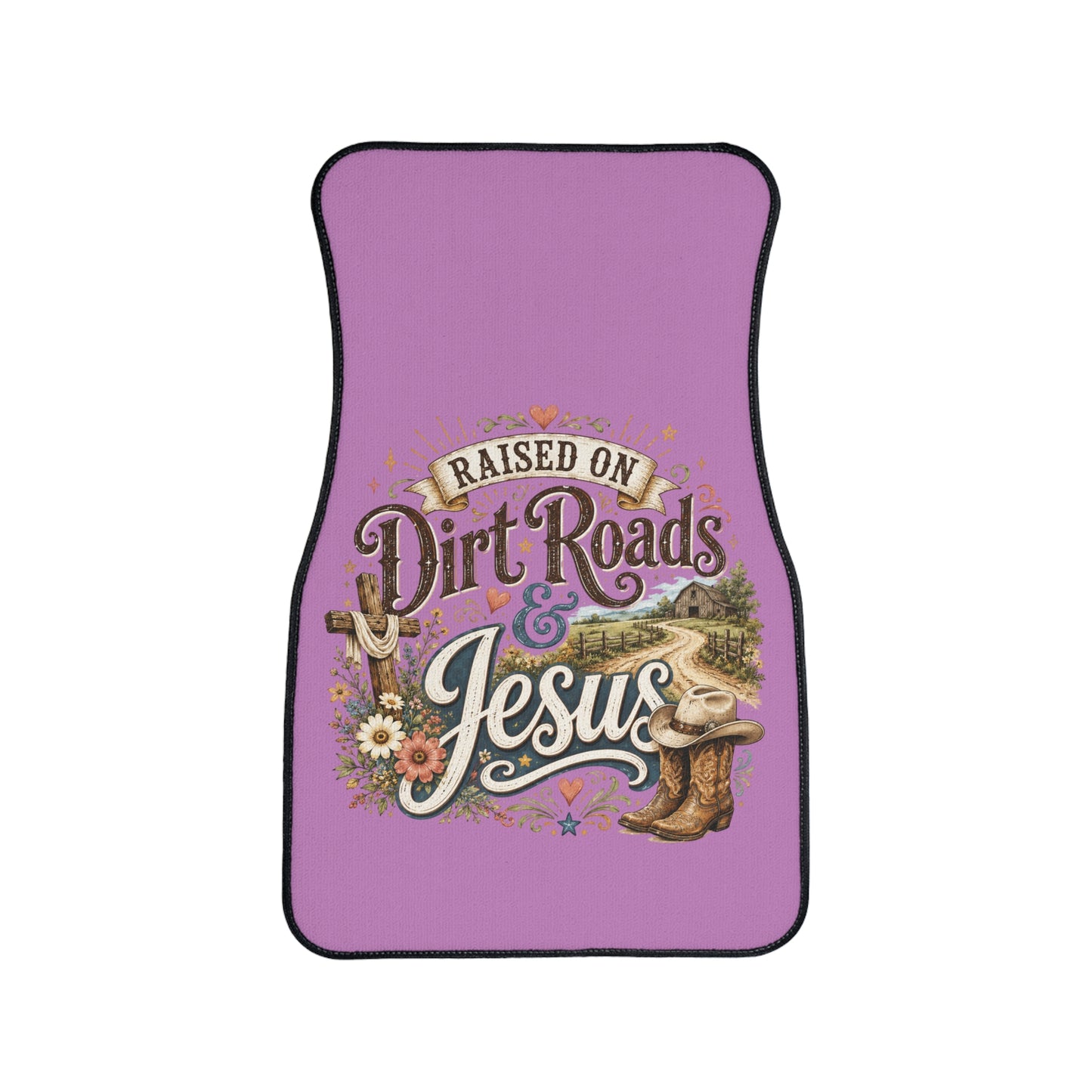 Car Floor Mat — "Raised on Dirt Roads & Jesus" Cowboy Floral Auto Floor Rug