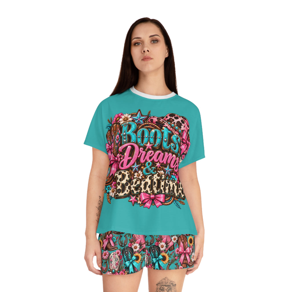 Women's Pajama Set - 'Boots Dreams & Glitter' Floral Cowboy Short Sleep Set