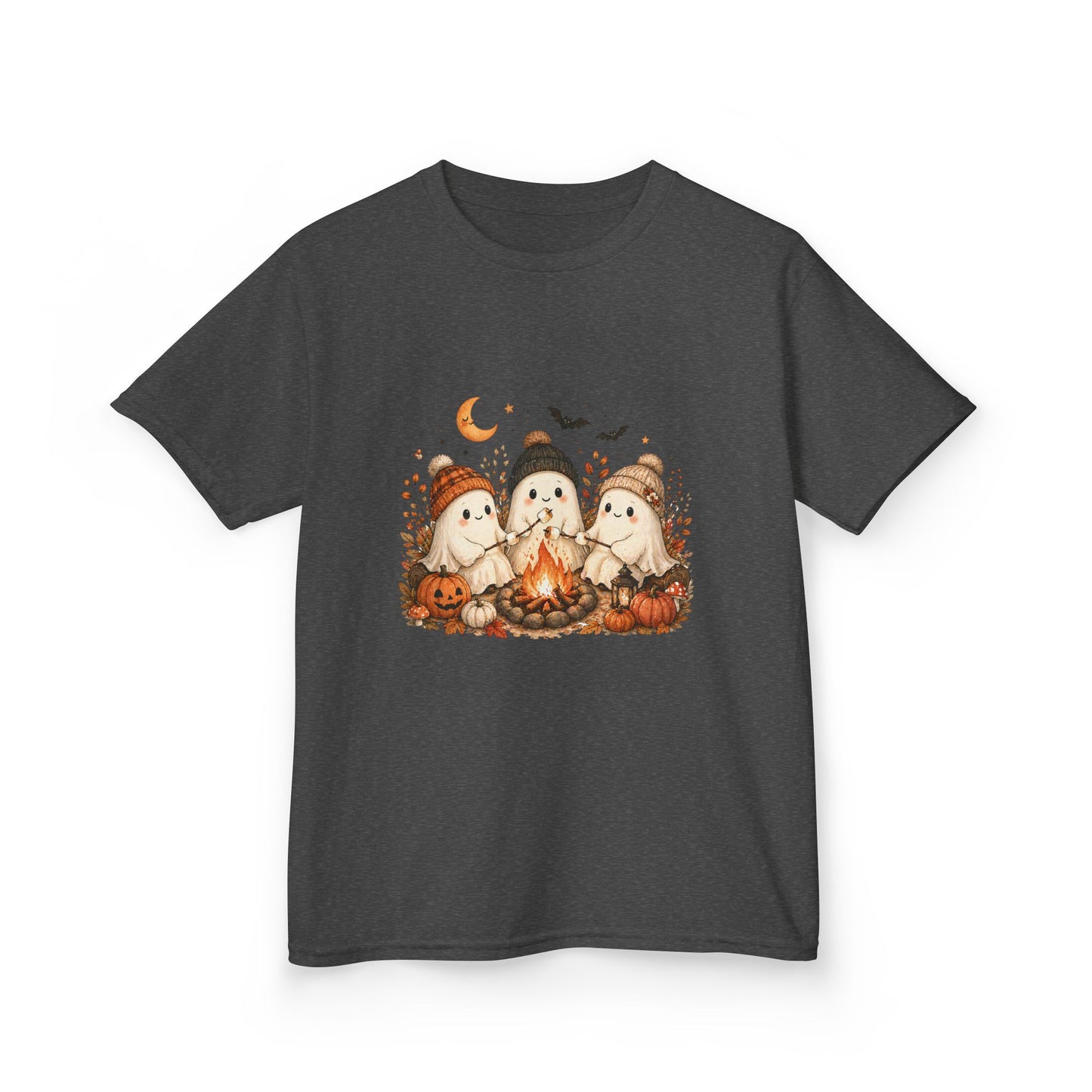 Kids Tee — Cute Halloween Ghosts Campfire Design (Pumpkins, Moon & Bats)