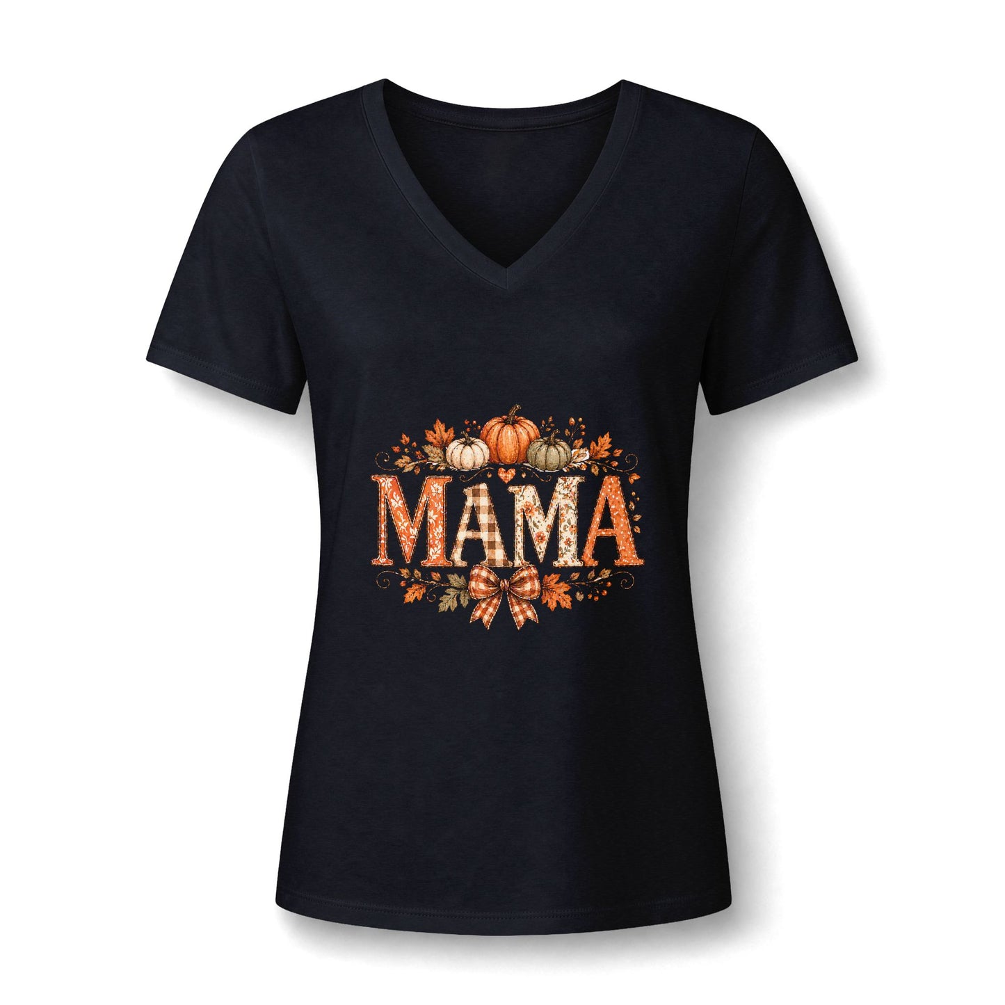 Mama Fall V-Neck Tee — Pumpkin & Autumn Leaves Graphic