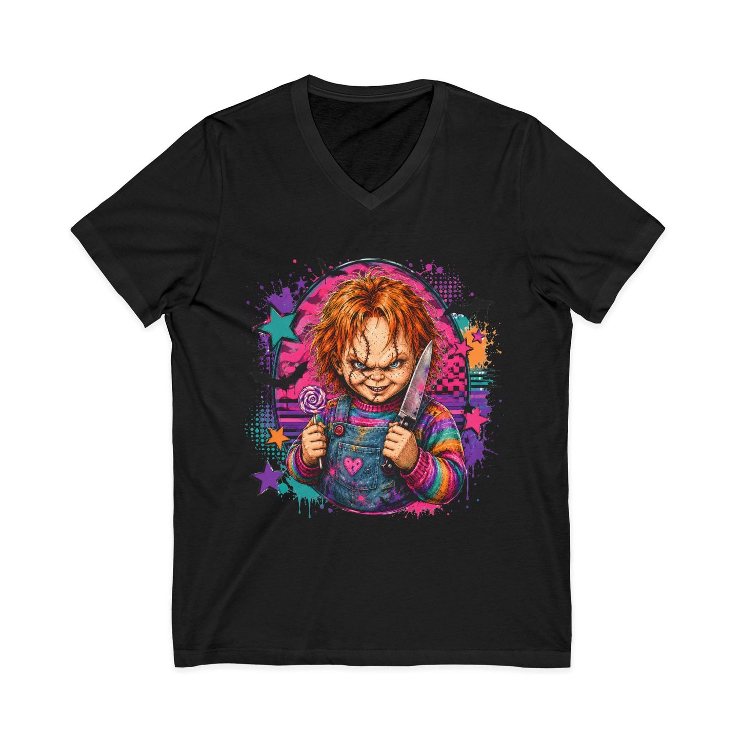 Horror Doll V-Neck Tee — Colorful Creepy Chucky Graphic Shirt