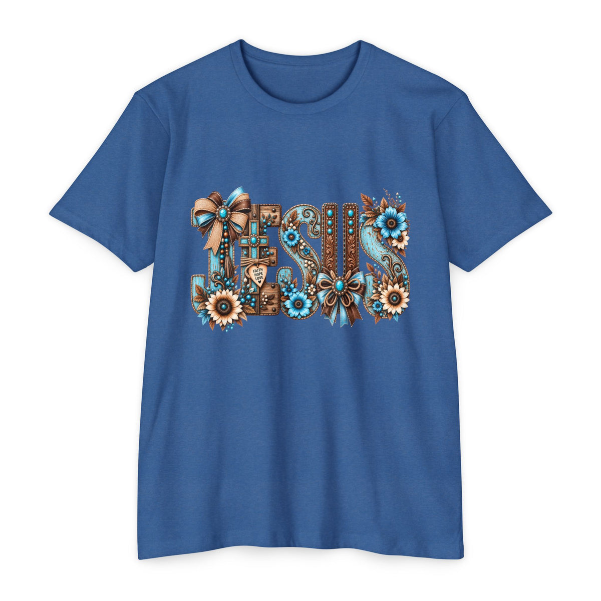 Jesus Floral Typography T-Shirt — Rustic Blue & Brown Christian Tee