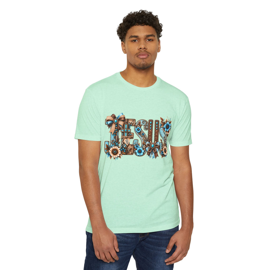 Jesus Floral Typography T-Shirt — Rustic Blue & Brown Christian Tee