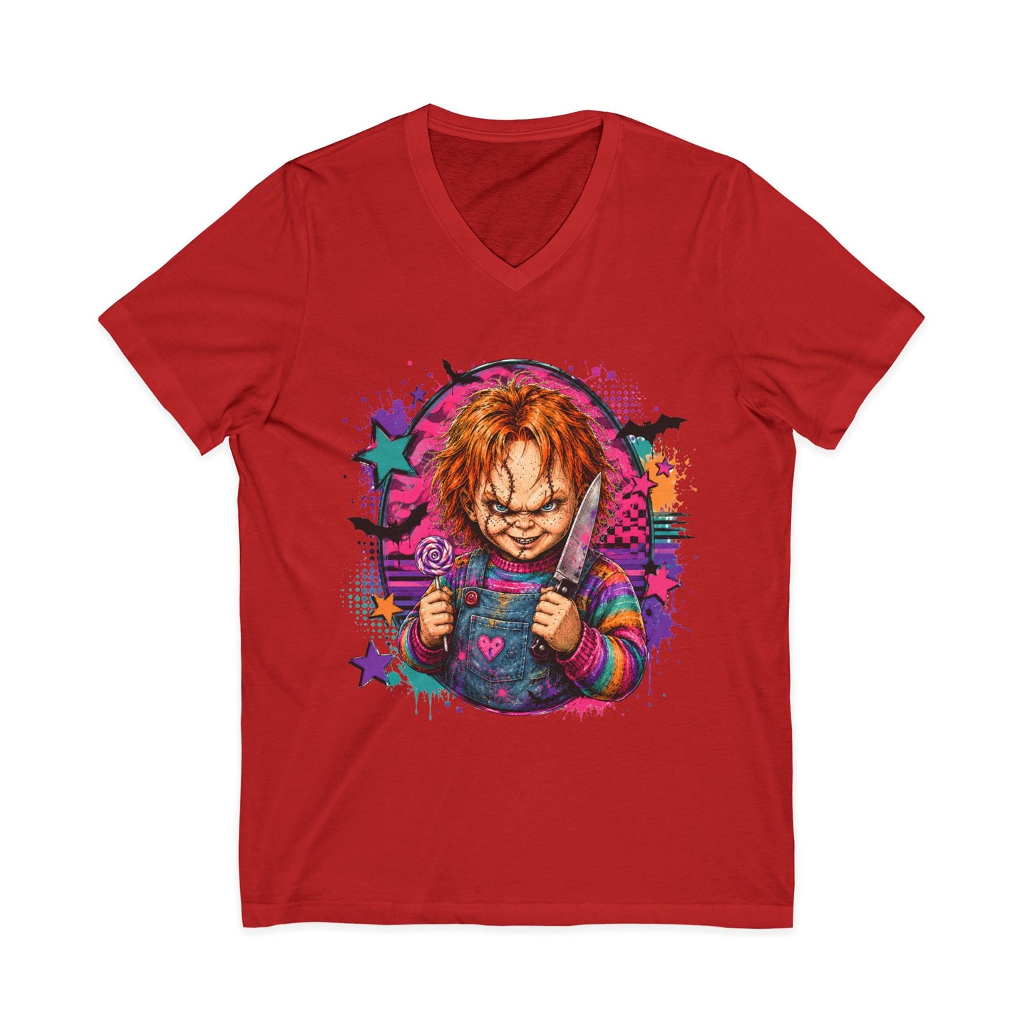 Horror Doll V-Neck Tee — Colorful Creepy Chucky Graphic Shirt