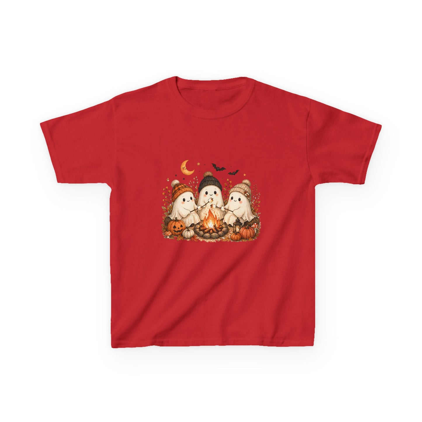 Kids Tee — Cute Halloween Ghosts Campfire Design (Pumpkins, Moon & Bats)