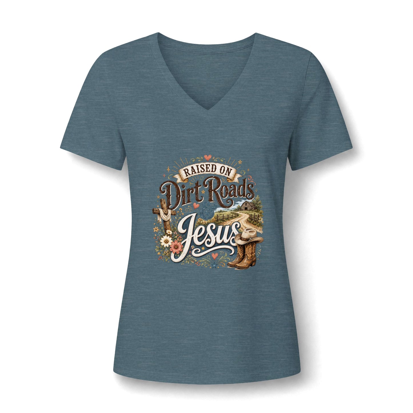 V-Neck Tee — "Raised on Dirt Roads & Jesus" Graphic Women’s Shirt