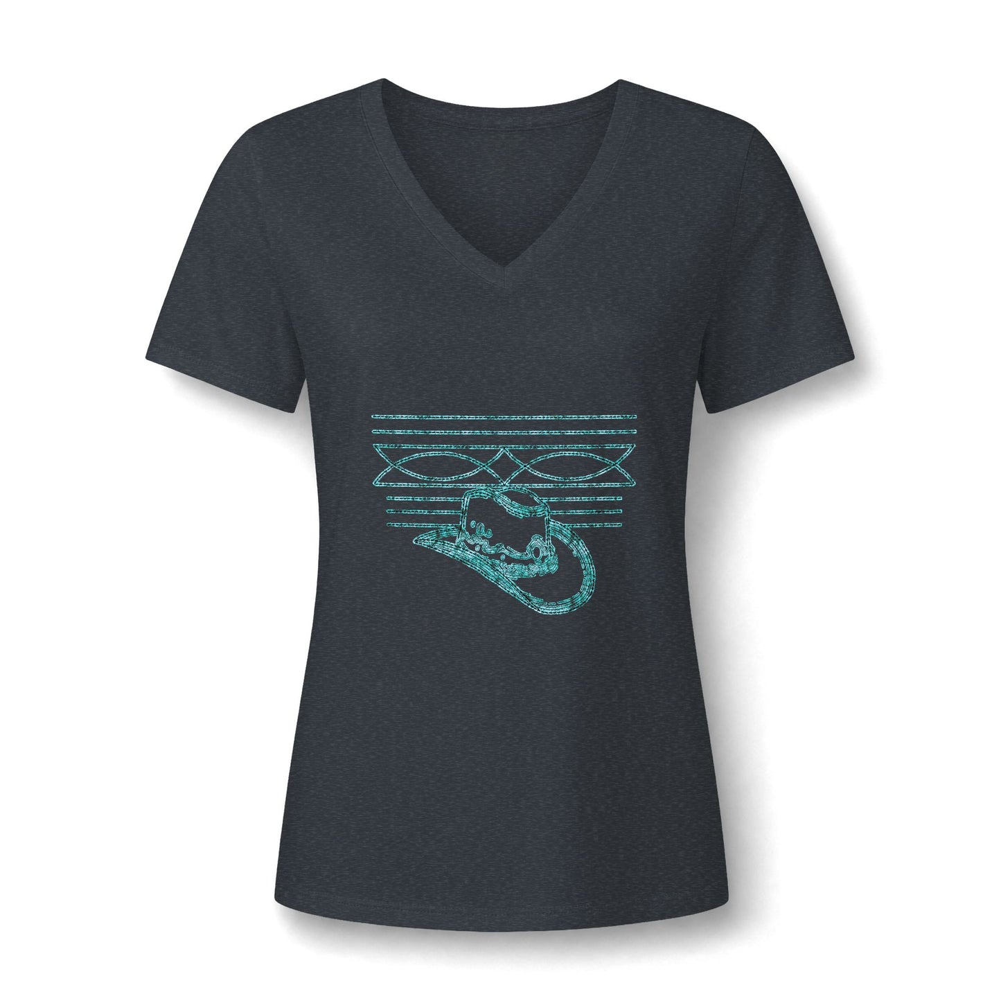 Women’s V‑Neck Tee — Teal Distressed Cowboy Hat Graphic