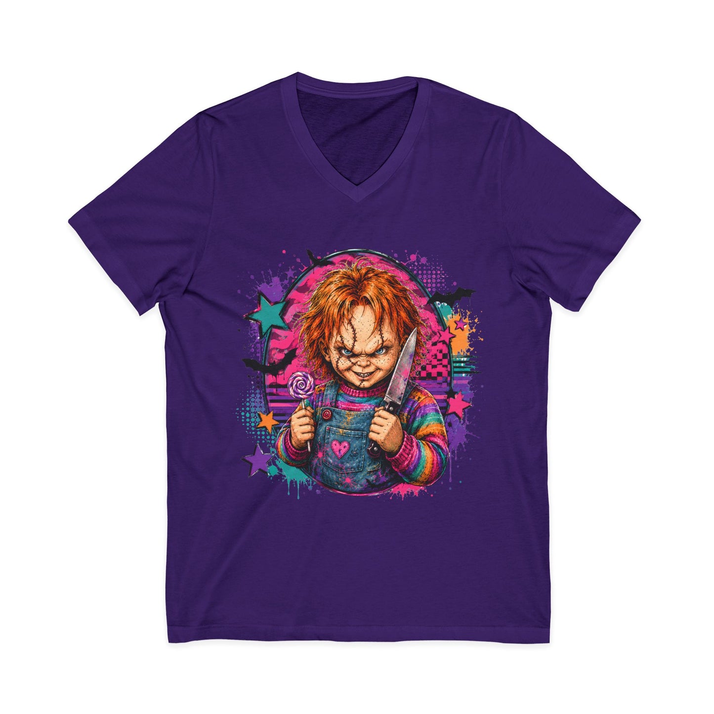Horror Doll V-Neck Tee — Colorful Creepy Chucky Graphic Shirt
