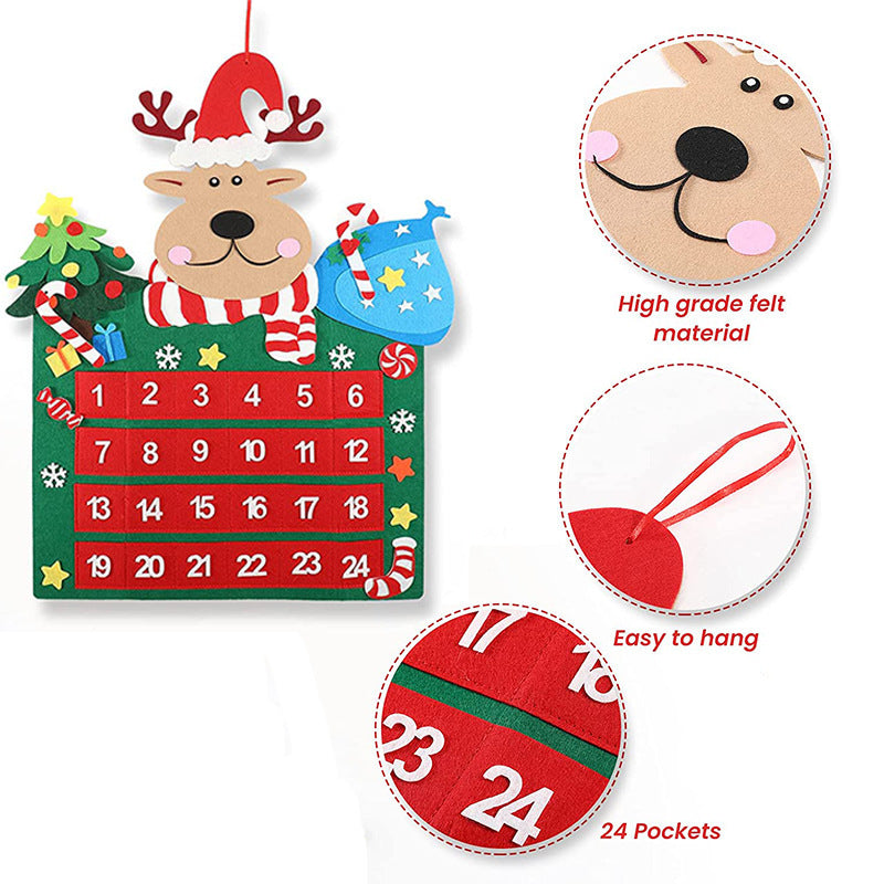 Christmas Countdown Calendar with Felt Reindeer and Pocket, Advent Calendar for Christmas