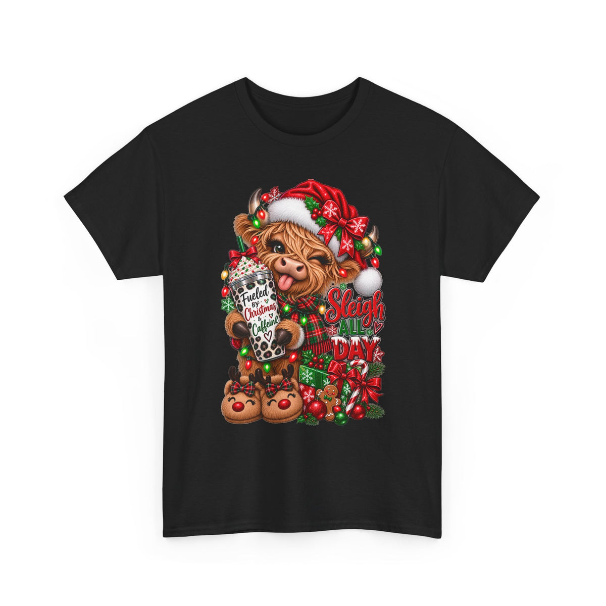 Christmas Highland Cow Tee — "Sleigh All Day" Holiday Cowgirl Graphic Shirt