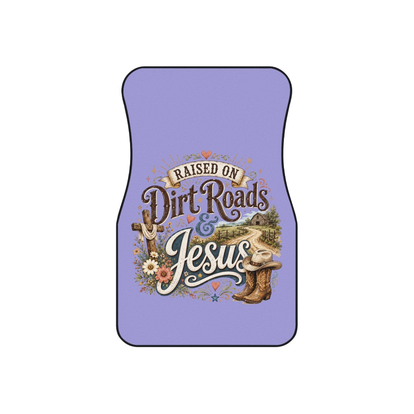 Raised on Dirt Roads & Jesus Car Floor Mats (Set of 4) — Lavender Christian Truck/Crossover Interior Accessory