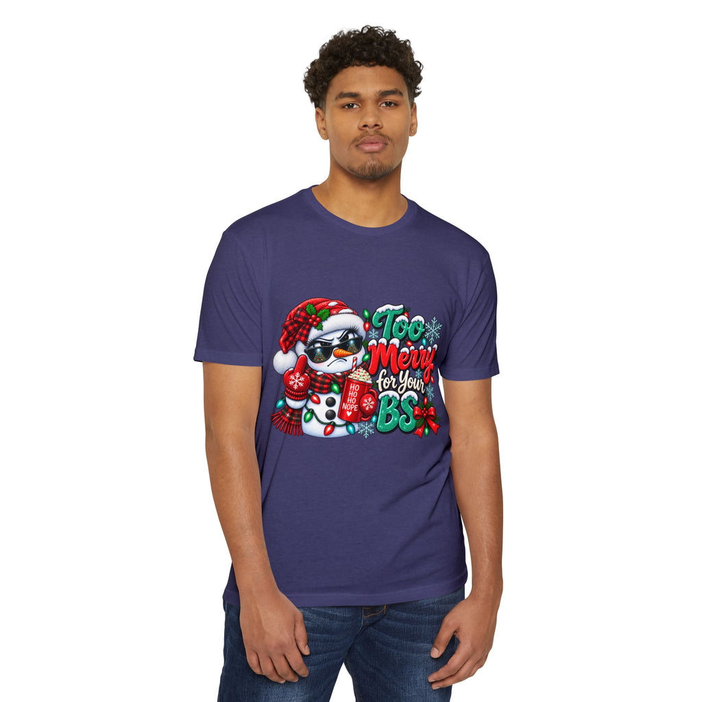 Christmas Penguin T‑Shirt — "Too Merry for Your BS" Funny Holiday Tee