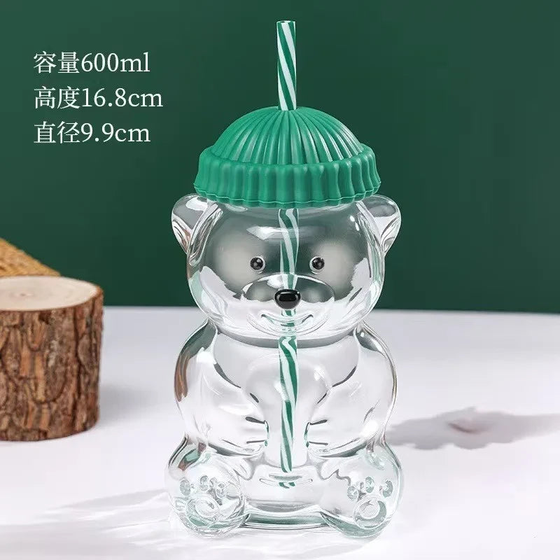 Cute Bear Glass Coffee Mug With Straw